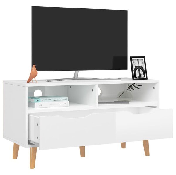 Magasfényű fehér szerelt fa TV-szekrény 90 x 40 x 48,5 cm
