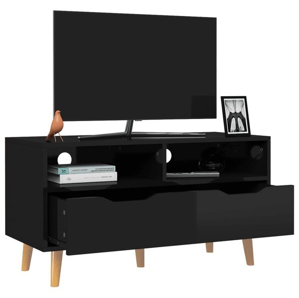 Magasfényű fekete szerelt fa TV-szekrény 90 x 40 x 48,5 cm