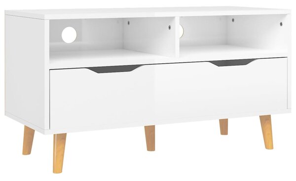 Magasfényű fehér szerelt fa TV-szekrény 90 x 40 x 48,5 cm