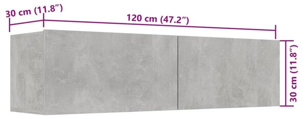 Betonszürke szerelt fa TV-szekrény 120 x 30 x 30 cm