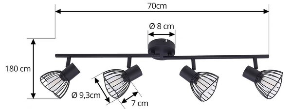 Lindby mennyezeti lámpa Piena, fekete, 4 lámpás, fém, 70cm, dimmelhető, Fekete, Nappali / Étkező, fém, Modern