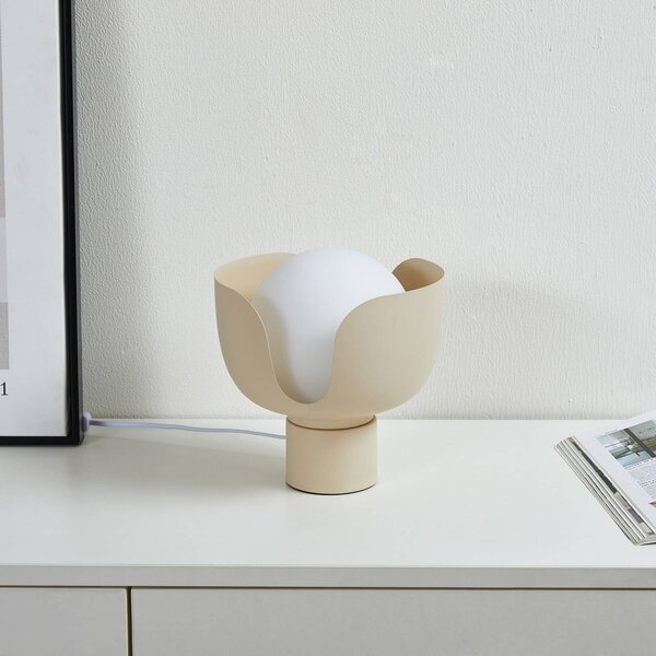 Lindby Fiora asztali lámpa, bézs, üveg, fém, Ø 20 cm, Krém / borostyánsárga, Nappali / Étkező, fém, Modern