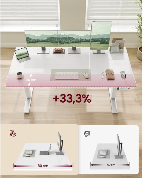 VASAGLE Elektromos állítható magasságú íróasztal USB-C porttal, 160x80 cm, fehér