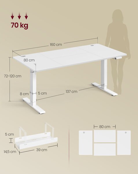 VASAGLE Elektromos állítható magasságú íróasztal USB-C porttal, 160x80 cm, fehér