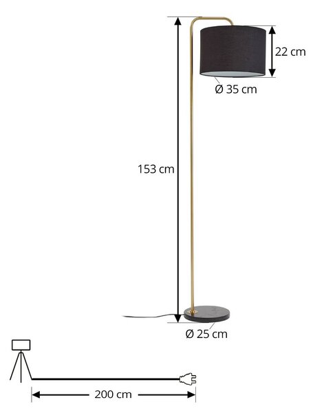Lindby állólámpa Hillary, fekete/arany, márvány, 153cm, Fekete, Nappali / Étkező, Textil / szövet / selyem, Modern