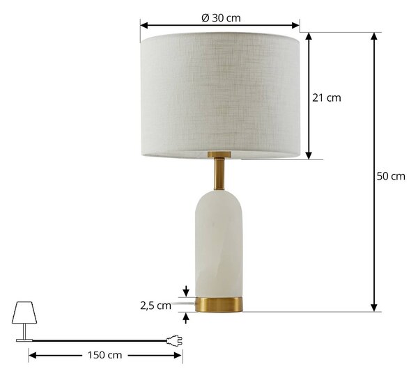 Lindby asztali lámpa alabástrom, fehér/arany, Ø 30 cm, márvány, E27, Fehér / opál, Nappali / Étkező, Textil / szövet / selyem, Skandináv