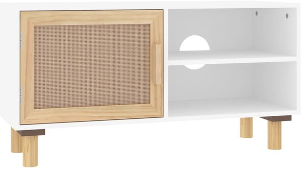 Fehér tömör fenyő és természetes rattan TV-szekrény 80x30x40 cm