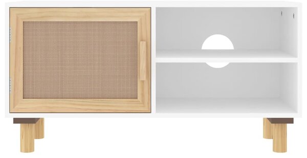 Fehér tömör fenyő és természetes rattan TV-szekrény 80x30x40 cm