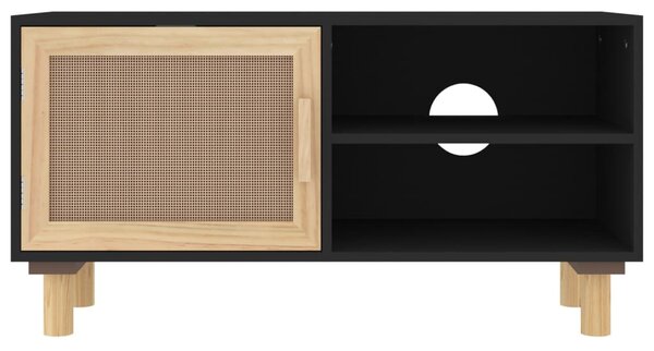 Fekete fenyőfa és természetes rattan TV-szekrény 80x30x40 cm