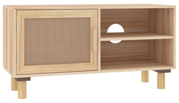 Barna tömör fenyő és természetes rattan TV-szekrény 80x30x40 cm