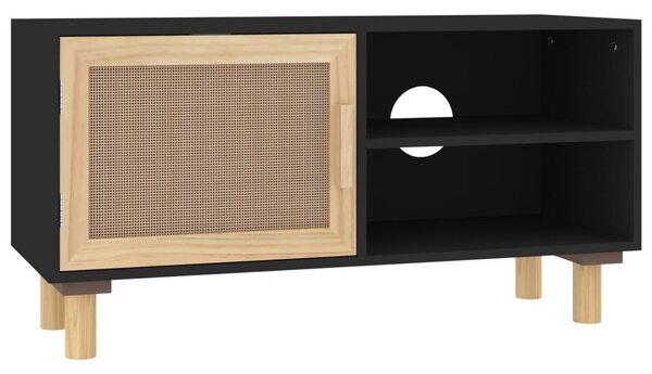 Fekete fenyőfa és természetes rattan TV-szekrény 80x30x40 cm