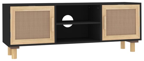Fekete fenyőfa és természetes rattan TV-szekrény 105x30x40 cm