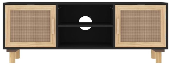 Fekete fenyőfa és természetes rattan TV-szekrény 105x30x40 cm