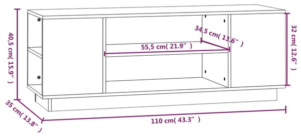 Fehér tömör fenyőfa TV-szekrény 110 x 35 x 40,5 cm