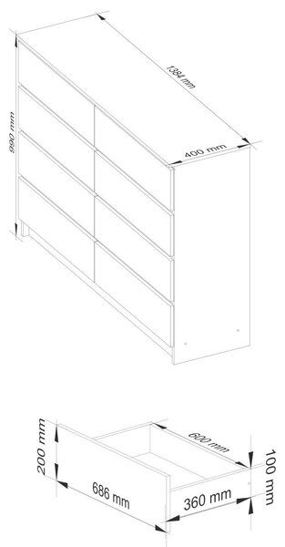 Akord - K140 Modern 8 Fiókos Komód kézműves tölgy/Fehér, Letisztult Formavilág, Elegáns Matt Felület 138x99 cm, Maximális Tárolókapacitás