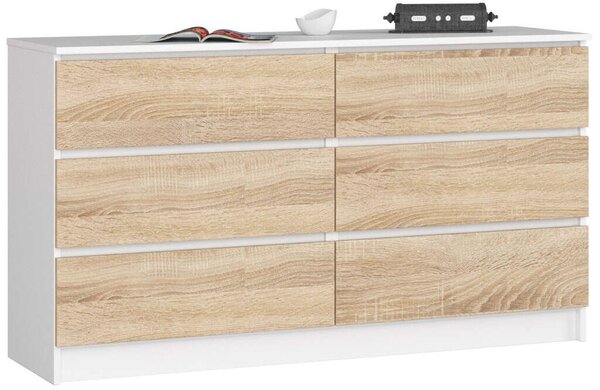 Akord KOMODA K 140 cm 6 Fiókos Fehér/Sonoma Komód, Laminált Tábla, ABS élzárás, Összeszerelés szükséges, Modern Mat Felület, Fehér Test, Sonoma Tölgy Előlap, Blokkolható Fiókokkal