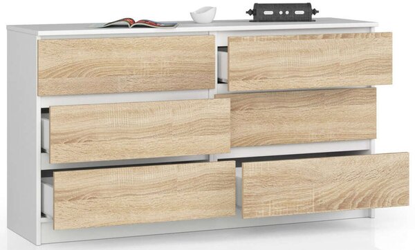 Akord KOMODA K 140 cm 6 Fiókos Fehér/Sonoma Komód, Laminált Tábla, ABS élzárás, Összeszerelés szükséges, Modern Mat Felület, Fehér Test, Sonoma Tölgy Előlap, Blokkolható Fiókokkal