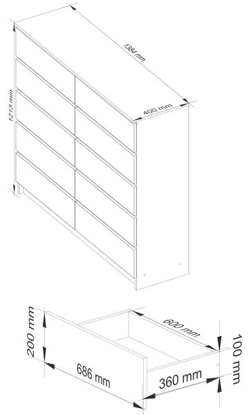 Akord Komód K140 10SZ Diófa Sonoma/Borító Fehér 138x121x40 cm 10 Fiókos Mat Bef. Szekrény