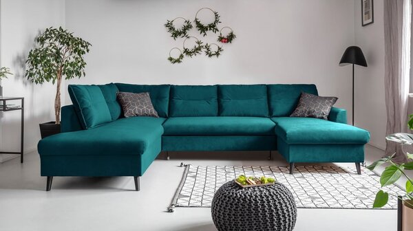 Stylish Stan türkiz kinyitható U alakú bársony kanapé, bal oldali - Miuform