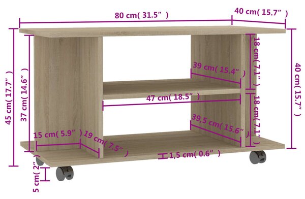 Sonoma tölgy színű szerelt fa TV-szekrény görgőkkel 80x40x45 cm