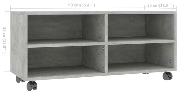 Betonszürke szerelt fa TV-szekrény görgőkkel 90 x 35 x 35 cm