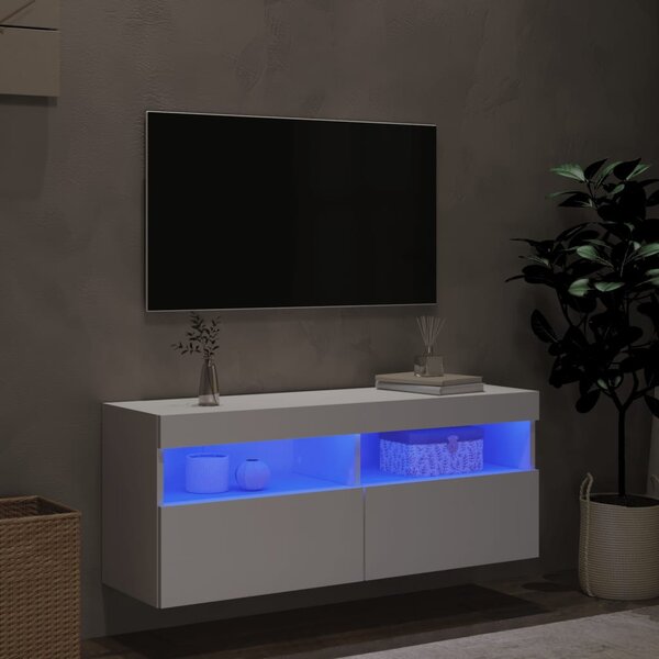 Fehér falra szerelhető TV-szekrény LED-lámpákkal 100x30x40 cm
