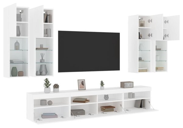 7 darabos fehér falra szerelhető TV-szekrényszett LED-ekkel