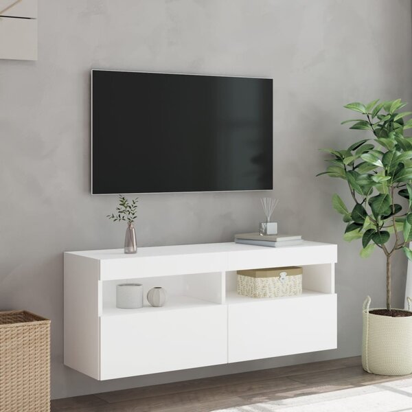 Fehér falra szerelhető TV-szekrény LED-lámpákkal 100x30x40 cm