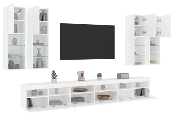 7 darabos fehér falra szerelhető TV-szekrényszett LED-ekkel