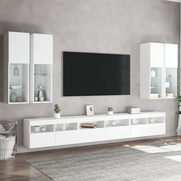 7 darabos fehér falra szerelhető TV-szekrényszett LED-ekkel