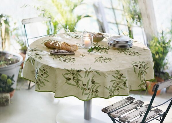 GREEN OLIVE OLIVÁS, ZÖLD SZEGÉLYŰ SZENNYTASZÍTÓ, KÖR ALAKÚ ASZTALTERÍTŐ, 160 CM
