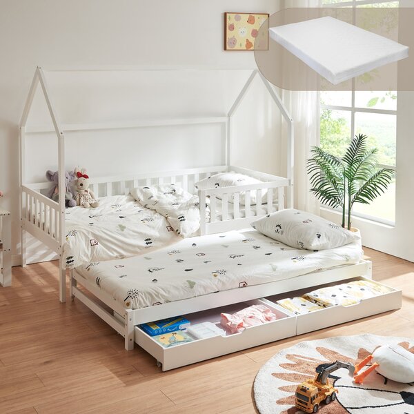 Házikó gyerekágy kihúzható pótággyal és 1 db matraccal Aarghonmaa 90x200 cm fenyőfa fehér [en.casa]