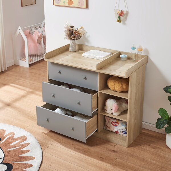 Pelenkázó komód Beldinupp levehető pelenkázófeltéttel 93x110x55 cm tölgyfa hatású/szürke [en.casa]