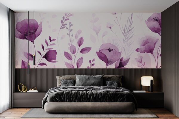 Fotótapéta Lila virágok és levelek fehér háttéren, Modern fotótapéta, Modern fotótapéta, u99558v2 - Muralas.hu