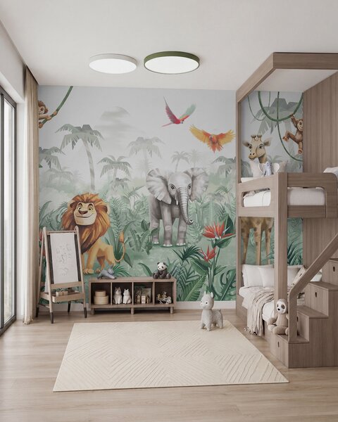 Fotótapéta Gyermek dzsungel design oroszlánnal, zsiráffal, elefánttal és papagájokkal, Fotótapéta állatok, w02440 : Uwalls.hu