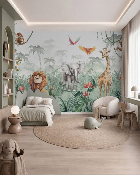 Fotótapéta Gyermek dzsungel design oroszlánnal, zsiráffal, elefánttal és papagájokkal, Fotótapéta állatok, w02440 : Uwalls.hu