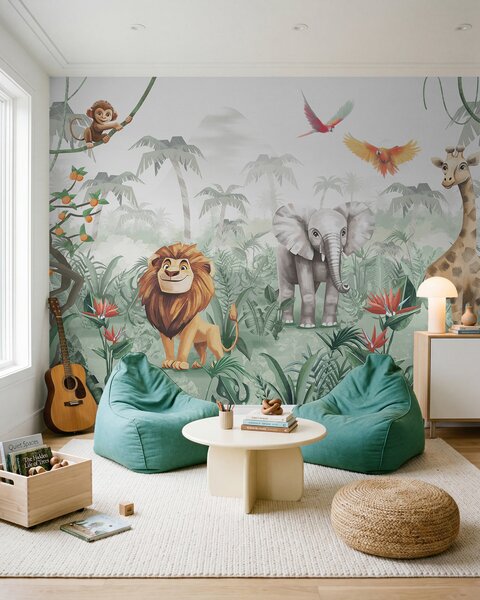 Fotótapéta Gyermek dzsungel design oroszlánnal, zsiráffal, elefánttal és papagájokkal, Fotótapéta állatok, w02440 : Uwalls.hu