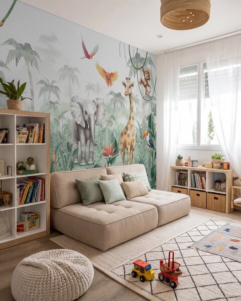 Fotótapéta Gyermek dzsungel design oroszlánnal, zsiráffal, elefánttal és papagájokkal, Fotótapéta állatok, w02440 : Uwalls.hu