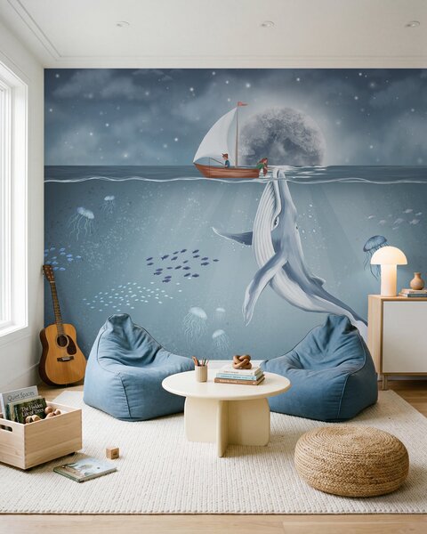Fotótapéta Gyermek design bálnával, holddal és hajóval gyerekekkel, Gyerek fotótapéta, w02476 : Uwalls.hu