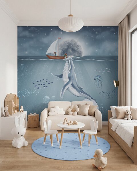 Fotótapéta Gyermek design bálnával, holddal és hajóval gyerekekkel, Gyerek fotótapéta, w02476 : Uwalls.hu