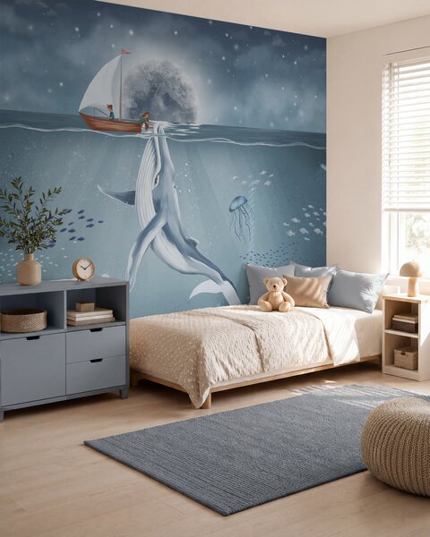 Fotótapéta Gyermek design bálnával, holddal és hajóval gyerekekkel, Gyerek fotótapéta, w02476 : Uwalls.hu