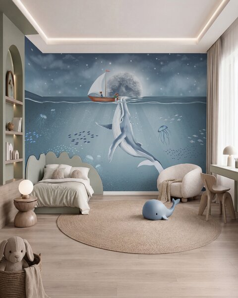 Fotótapéta Gyermek design bálnával, holddal és hajóval gyerekekkel, Gyerek fotótapéta, w02476 : Uwalls.hu