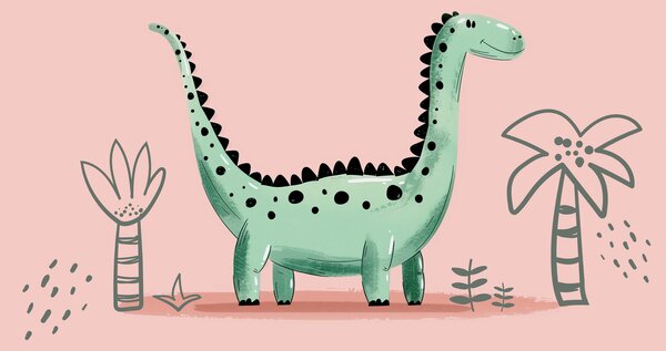 Fotótapéta Rajzfilm dinoszaurusz növényekkel és levelekkel, Modern fotótapéta, Modern fotótapéta, w01357 - Muralas.hu