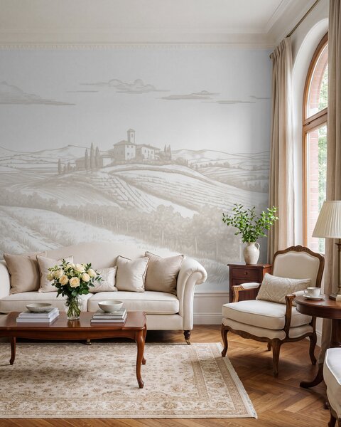 Fotótapéta Toszkánai tájak, Olaszország, szőlőskertek, természet, régi kastély, bézs színek, Fotótapéta provence stílusban, w03349 : Uwalls.hu