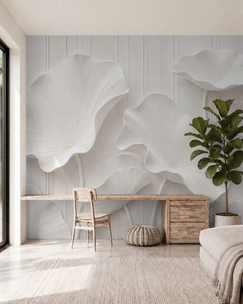 Fotótapéta Fehér, szoborszerű virágdomborulat réteges szirmokkal, elegáns 3D-s falidísz, 3d fotótapéta, w05604 : Uwalls.hu