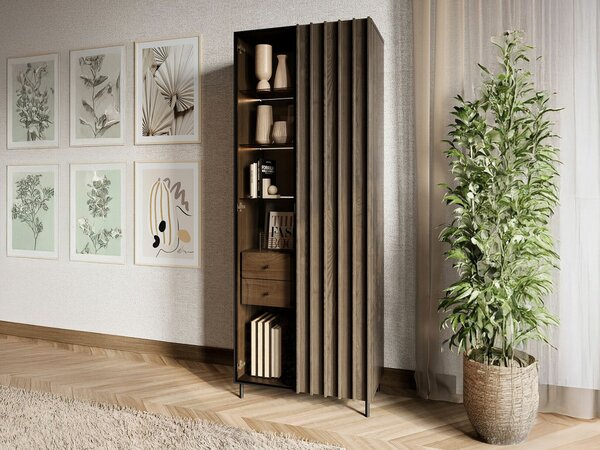 Könyvespolc Catevari 101, Ajtókkal, Fiókokkal, Edzett üveg, Laminált forgácslap, 196x73x44cm, Sötét barna