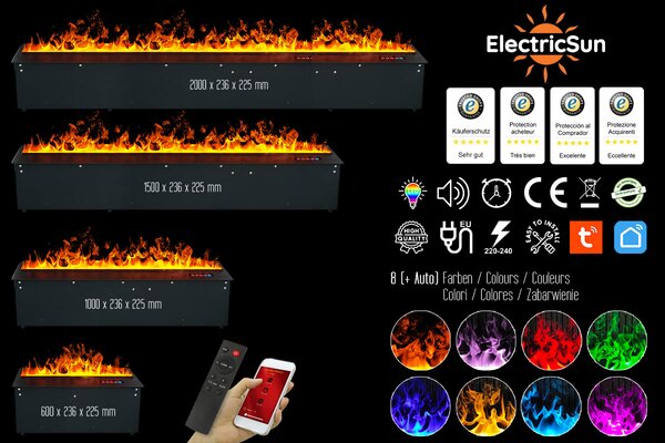 3D vízpárás beépíthető elektromos kandalló, Led, telefonos alkalmazással, ElectricSun MISTique XXL SZ 200 cm