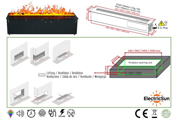 3D vízpárás beépíthető elektromos kandalló, Led, telefonos alkalmazással, ElectricSun MISTique XXL SZ 200 cm