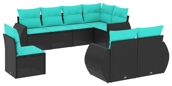 8 db fekete polyrattan kerti kanapégarnitúra párnákkal