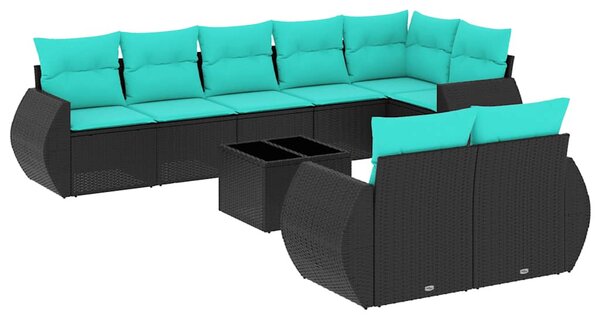 9 db fekete polyrattan kerti kanapégarnitúra párnákkal